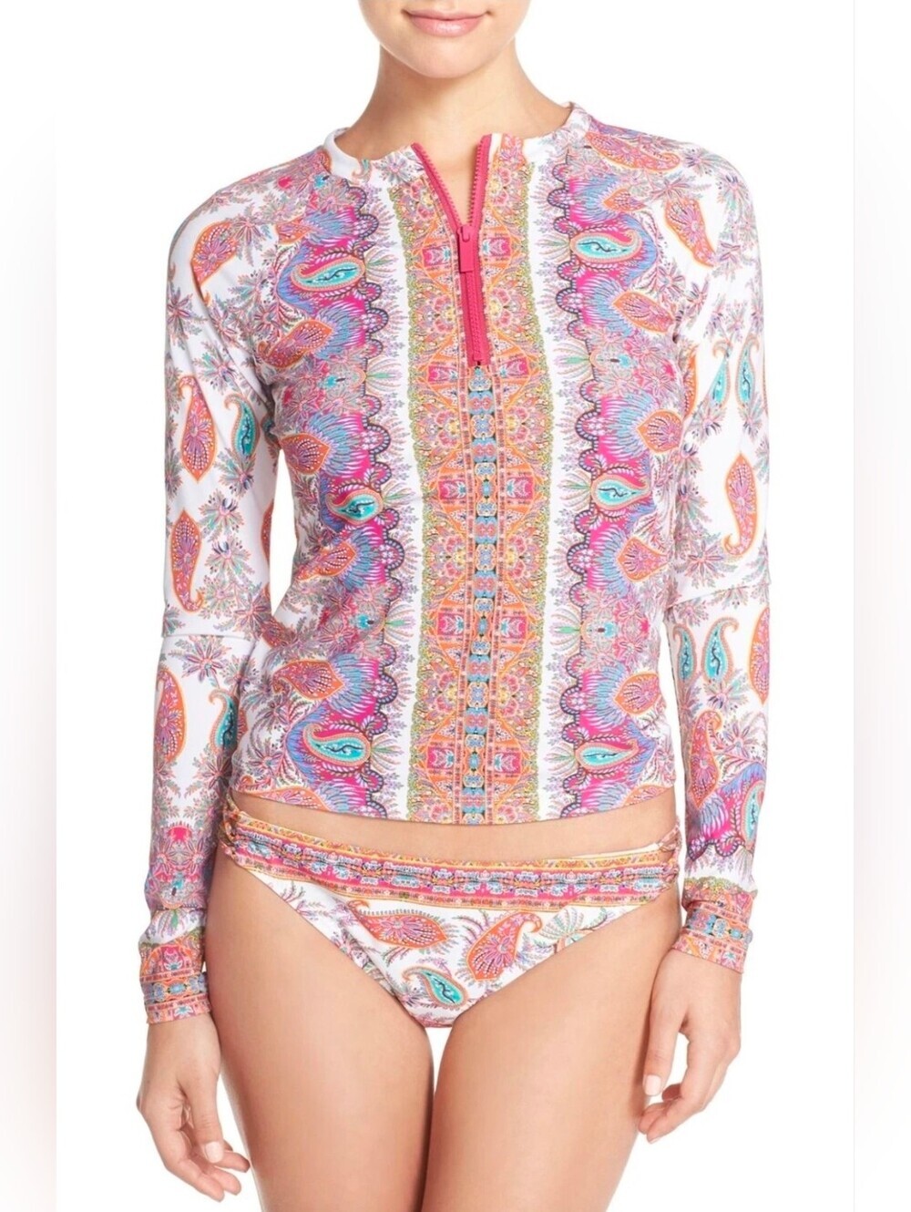 Nanette Lepore Gypsy Queen Women's Paisley Print Long-Sleeve Rashguard Top MED